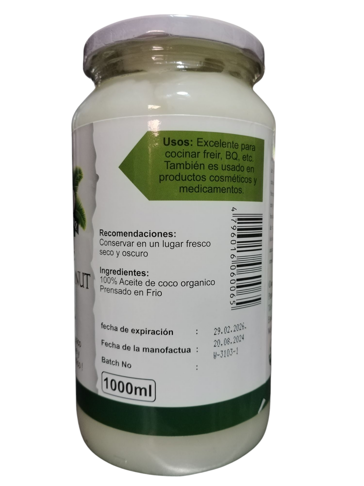Aceite de coco orgánico prensado en frío 1000 ml